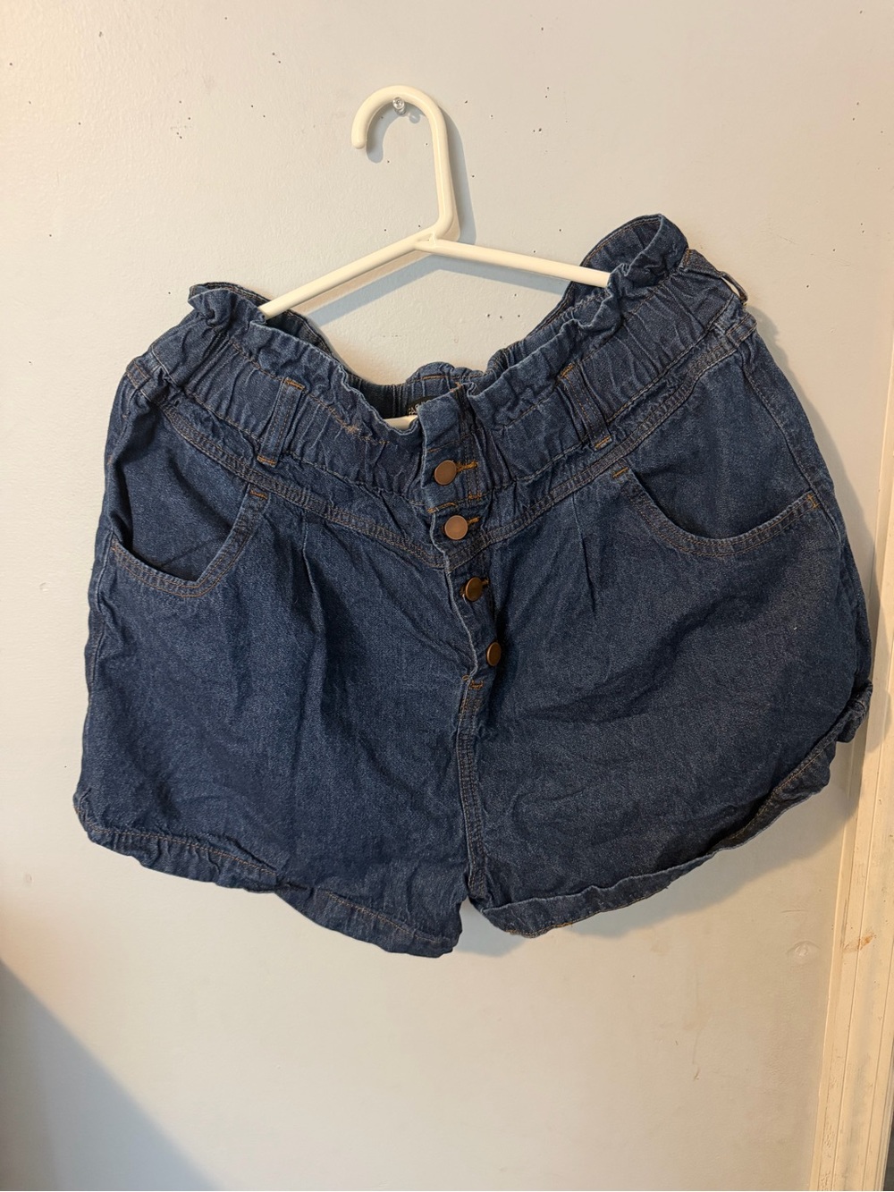 Fashion Nova Dark Blue Paperbag Waist Denim Shorts